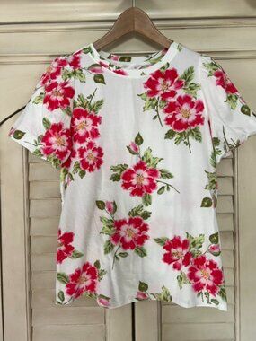 Lauren Conrad Floral Puff Sleeve Top White Pink Soft Stretch - Size Small
